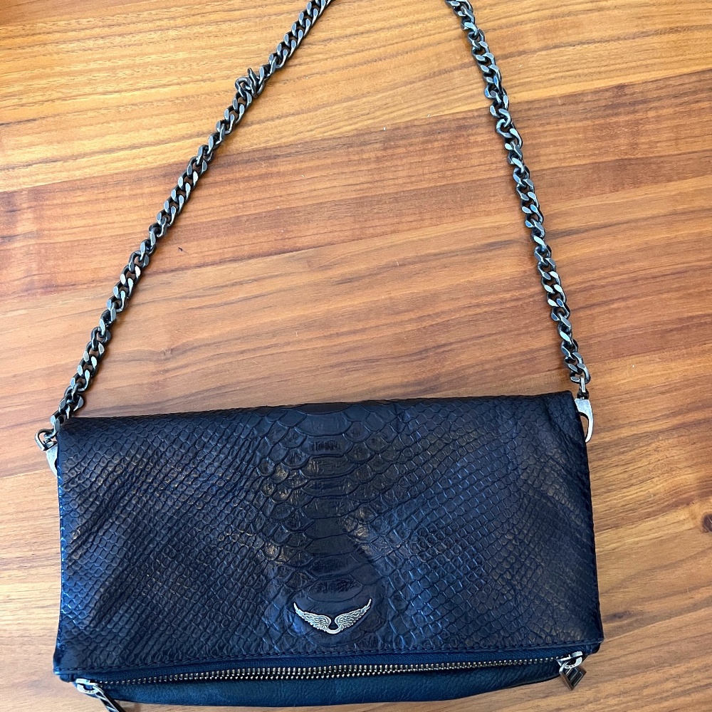 Zadig & Voltaire matte black crocodile crossbody bag clutch